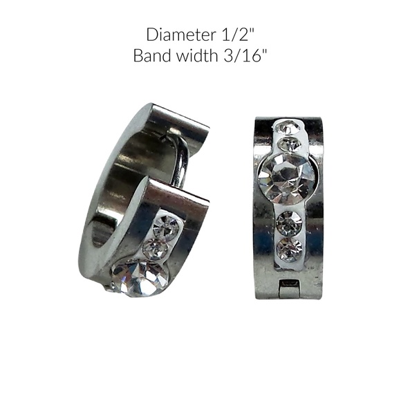 Stainless Steel Huggie Earrings with 5 Clear Crystals - Picture 2 of 3